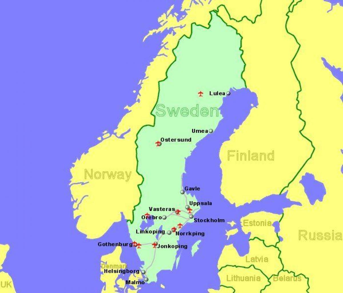 mapa de aeropuertos en Suecia