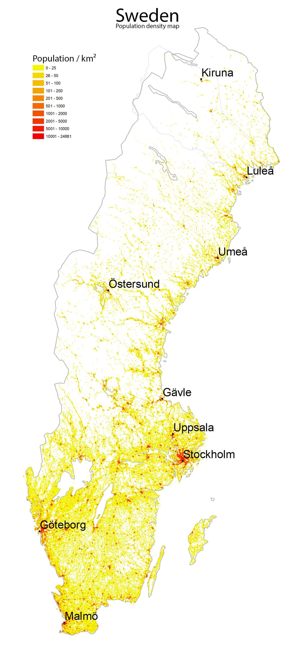 densidad de población mapa de Suecia