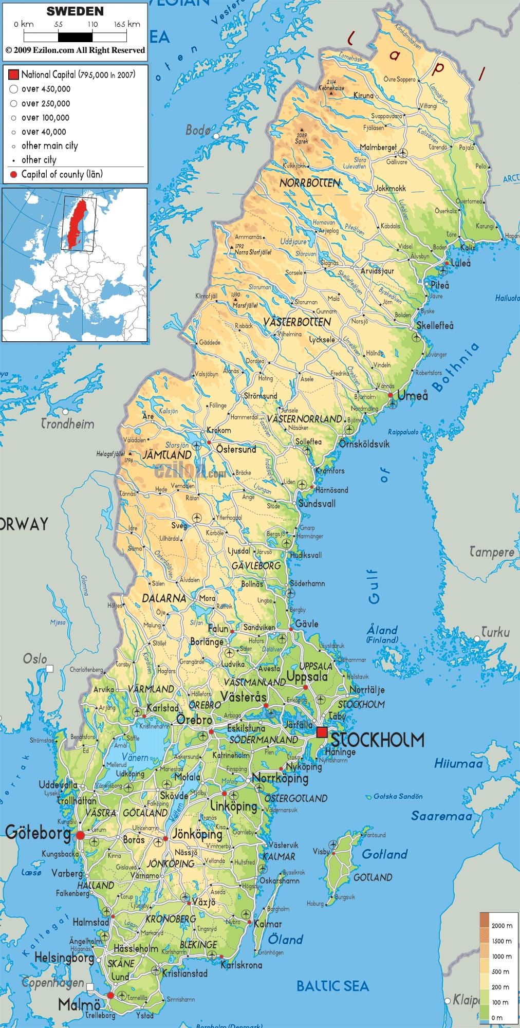 mapa geográfico de Suecia