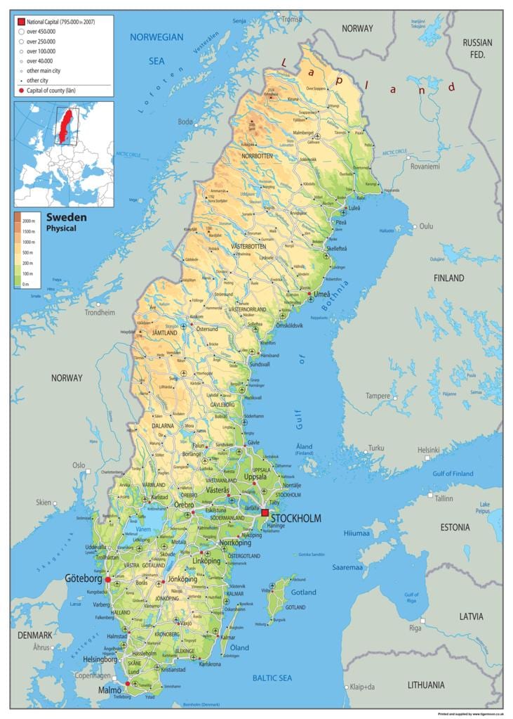 mapa físico de Suecia