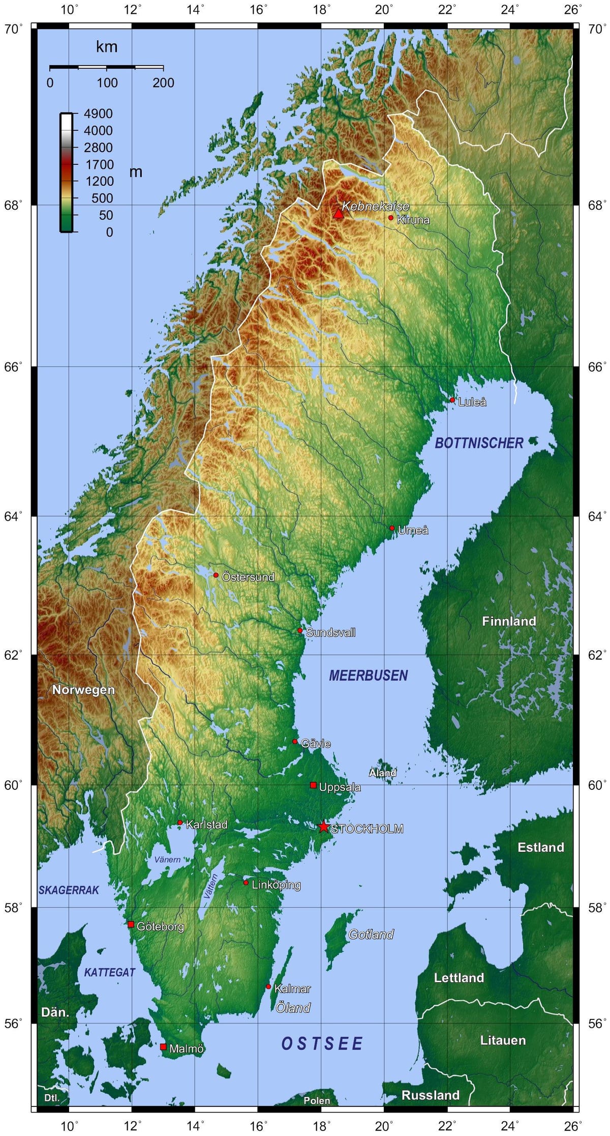 el mapa topográfico de Suecia