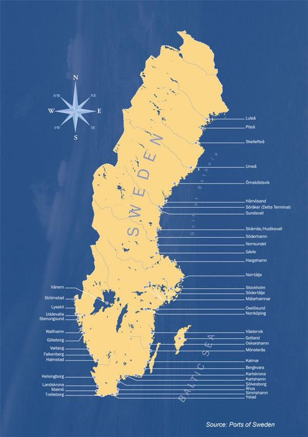 mapa de Suecia puertos